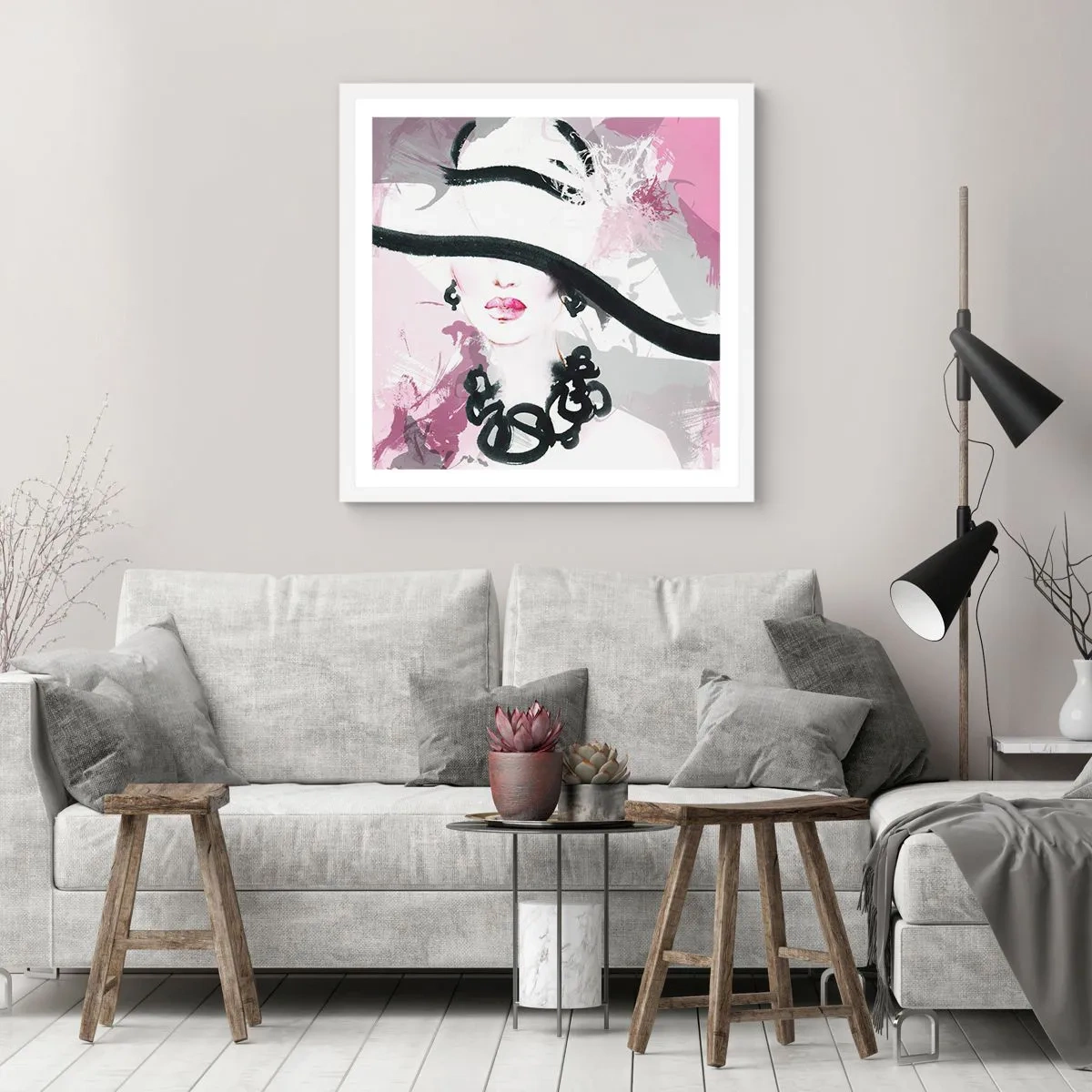 Poster in cornice bianca - Ritratto di donna in nero e rosa - 40x40 cm