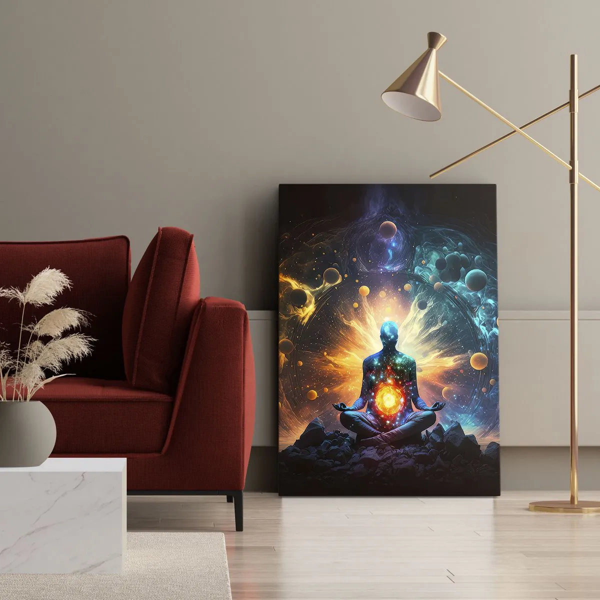 Quadro su tela - Stampe su Tela - Una figura in meditazione circondata da un'aura cosmica - 70x100cm - Pace cosmica - Decorazione murale moderna per soggiorno e camera da letto ARTTOR