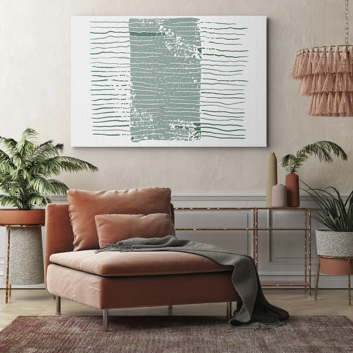 Quadro su tela - Stampe su Tela - Motivo geometrico nei toni del verde mare e del bianco - 120x80cm - Astrazione marina - Decorazione murale moderna per soggiorno e camera da letto ARTTOR