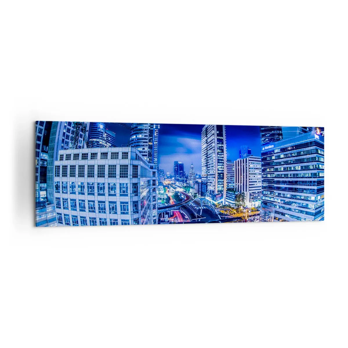 Quadro su tela - Stampe su Tela - Panorama notturno della città con grattacieli e lampioni - 160x50cm - Il ritmo notturno della città - Decorazione murale moderna per soggiorno e camera da letto ARTTOR