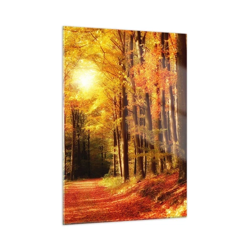 Quadro su vetro - Foresta autunnale immersa nella luce dorata del sole - 50x70cm - Autunno dorato nella via nel bosco - Decorazione murale moderna per soggiorno e camera da letto ARTTOR