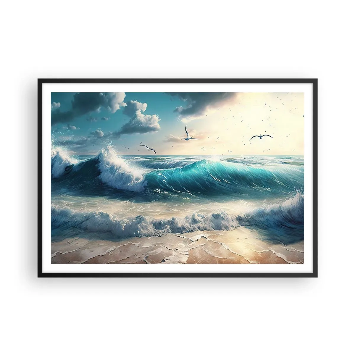 Poster in cornice nera - Onde del mare sulla spiaggia sotto un cielo azzurro con gabbiani - 100x70cm - Mormora solo per te - Decorazione murale moderna per soggiorno e camera da letto ARTTOR