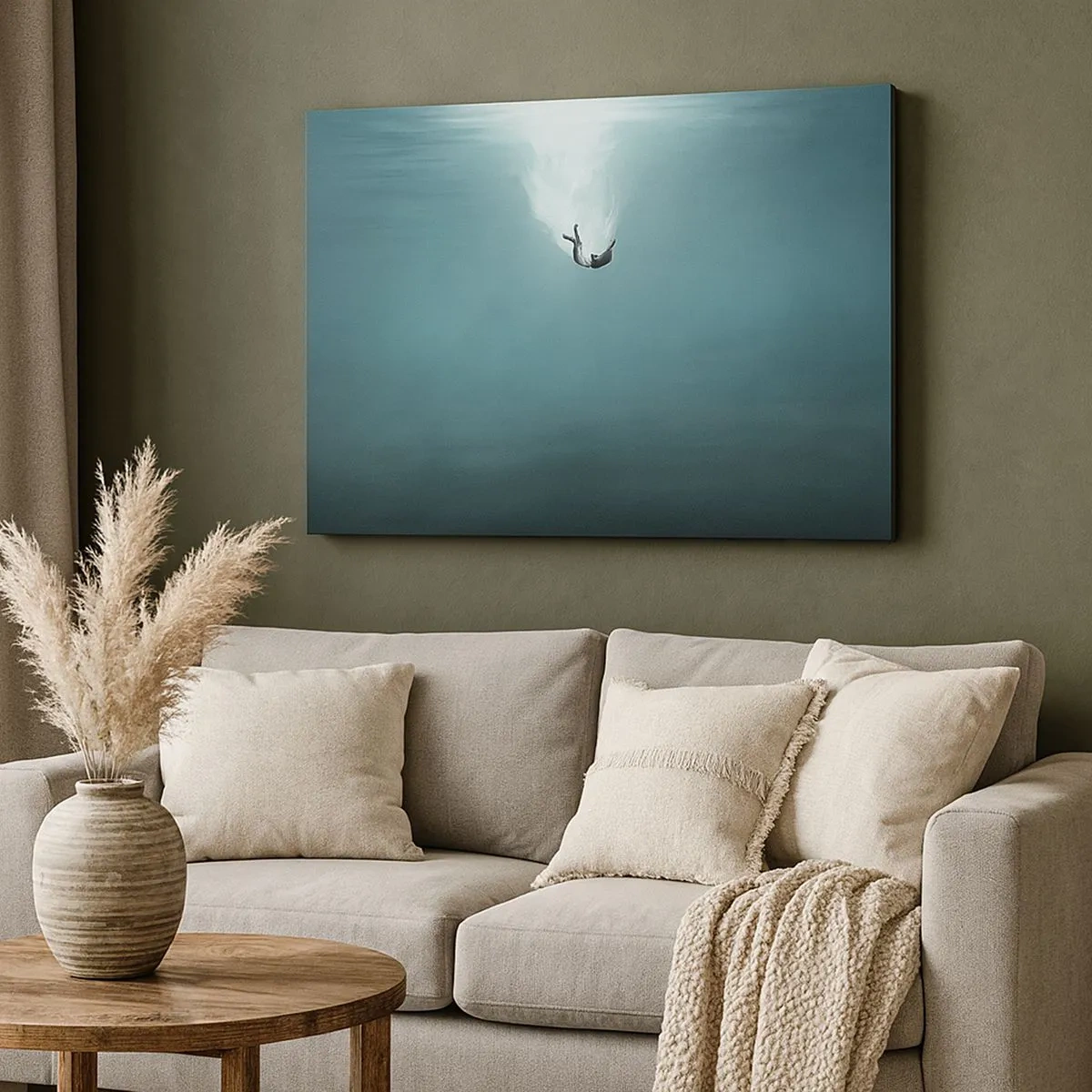 Quadro su tela - Stampe su Tela - Una figura immersa in acque profonde e turchesi - 70x50cm - Nell'abbraccio dell'oceano - Decorazione murale moderna per soggiorno e camera da letto ARTTOR