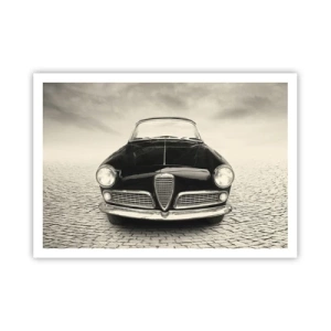 Poster - Un'auto d'epoca su una piazza di ciottoli in stile monocromatico - 100x70cm - Come non amarmi? - Decorazione murale moderna per soggiorno e camera da letto ARTTOR
