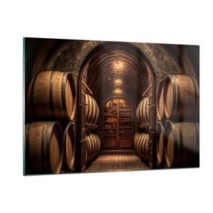 Quadro su vetro - Un vigneto con botti e una cantina illuminata piena di bottiglie - 120x80cm - L'atmosfera della cantina - Decorazione murale moderna per soggiorno e camera da letto ARTTOR