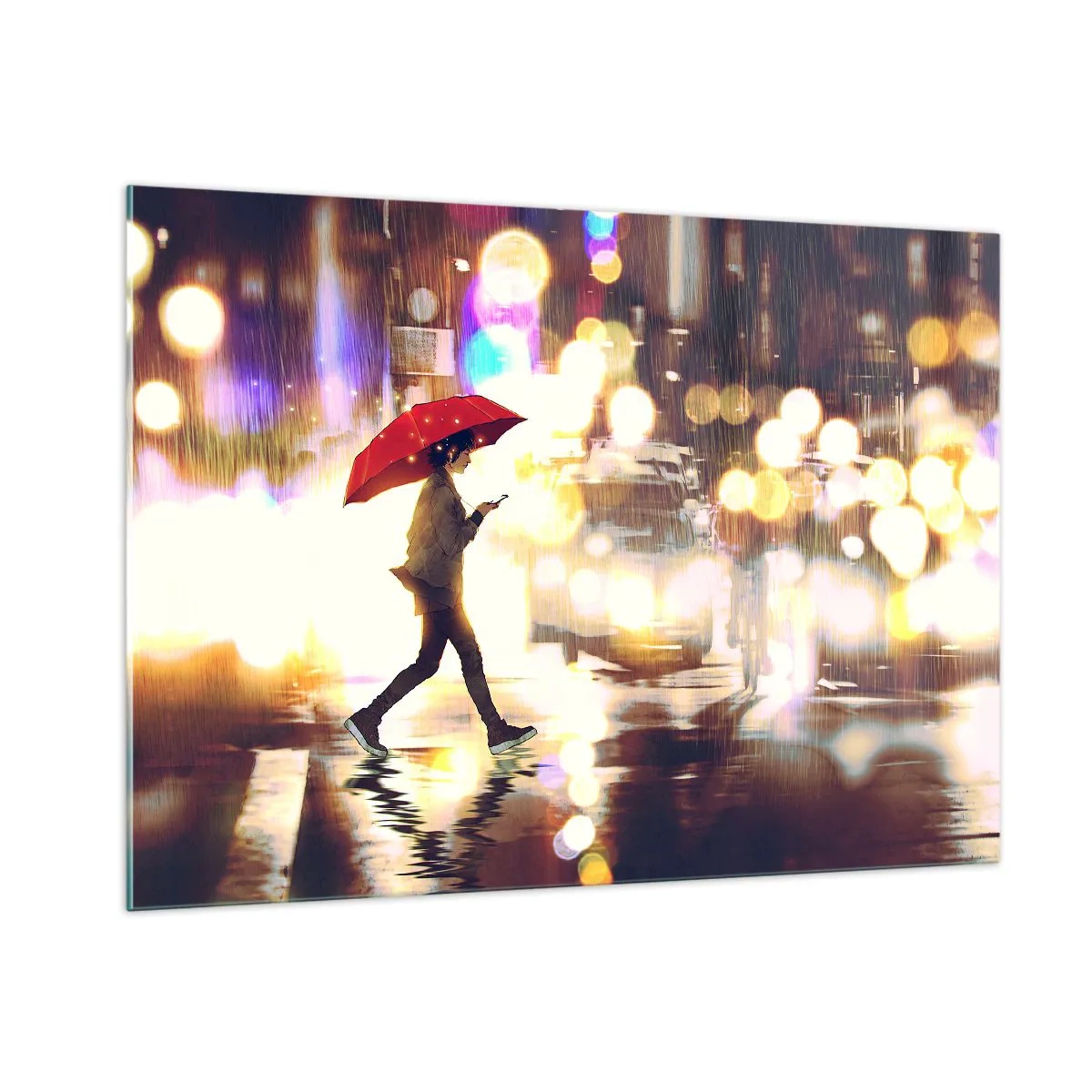 Quadro su vetro - Una figura con un ombrello rosso su una strada piovosa di notte - 100x70cm - Tuttavia è assolata - Decorazione murale moderna per soggiorno e camera da letto ARTTOR