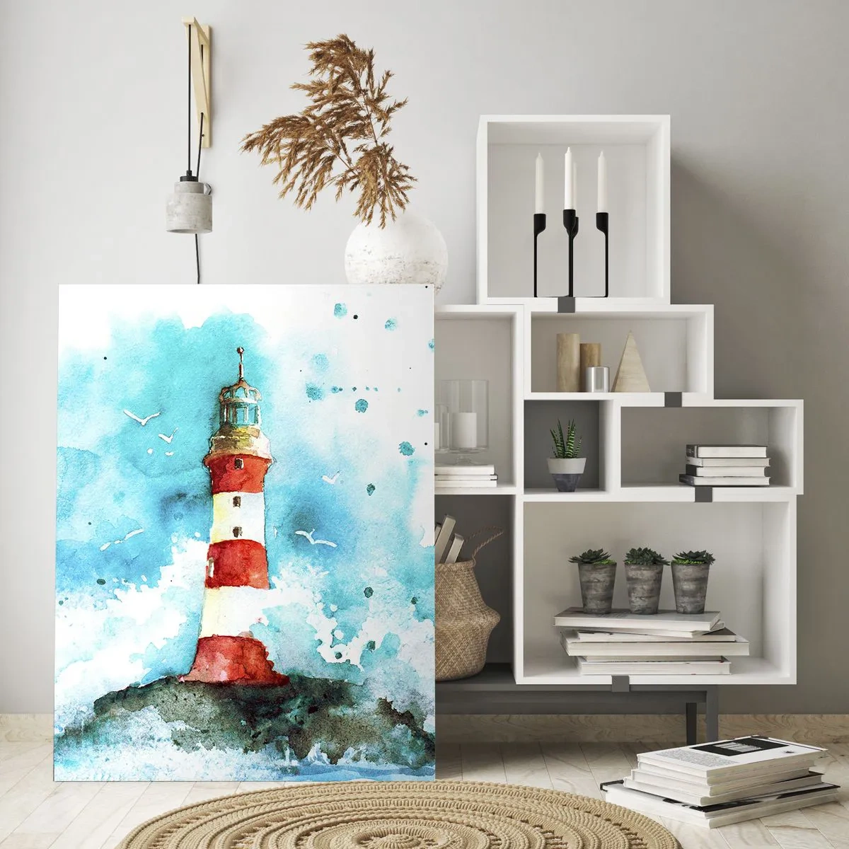 Quadro su vetro - Un faro in un ambiente acquerello con uno sfondo blu - 70x100cm - L'unità dei quattro elementi - Decorazione murale moderna per soggiorno e camera da letto ARTTOR