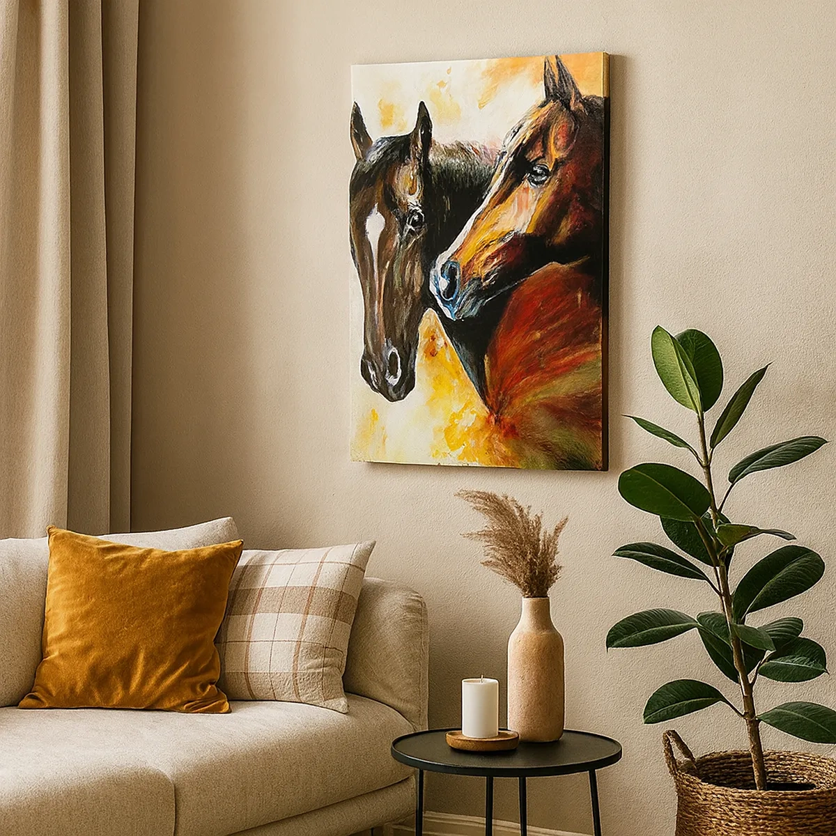 Quadro su tela - Stampe su Tela - Una coppia di cavalli in una composizione pittorica - 50x70cm - Due volte più grazia - Decorazione murale moderna per soggiorno e camera da letto ARTTOR