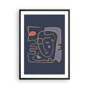 Poster in cornice nera - Volto astratto minimalista su sfondo blu navy in stile line art - 50x70cm - Pensierosa - Decorazione murale moderna per soggiorno e camera da letto ARTTOR