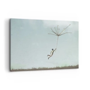 Quadro su tela - Stampe su Tela - Una figura sollevata da un grande seme di tarassaco - 100x70cm - Aquiloni, denti di leone, vento - Decorazione murale moderna per soggiorno e camera da letto ARTTOR