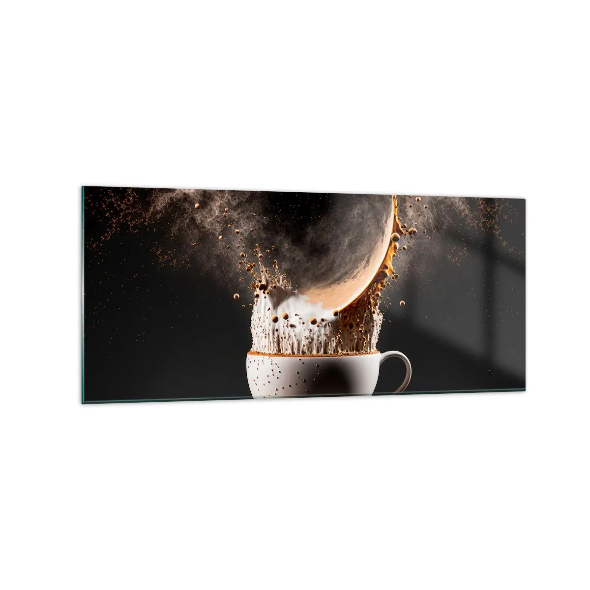 Quadro su vetro - Una tazza di caffè con un'esplosione dinamica di liquido su uno sfondo nero. - 120x50cm - Esplosione di sapore - Decorazione murale moderna per soggiorno e camera da letto ARTTOR
