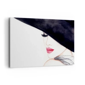 Quadro su tela - Stampe su Tela - Un'illustrazione sottile di una donna con un cappello nero e labbra rosse - 120x80cm - Eleganza e sensualità - Decorazione murale moderna per soggiorno e camera da letto ARTTOR