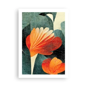 Poster - Fiori astratti nelle tonalità dell'arancione e del verde - 50x70cm - Caldo dei tropici e fresco del verde - Decorazione murale moderna per soggiorno e camera da letto ARTTOR
