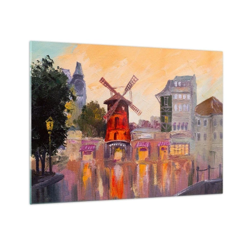Quadro su vetro - Il mulino a vento rosso del Moulin Rouge tra i palazzi parigini - 70x50cm - Le icone di Parigi: il Moulin Rouge - Decorazione murale moderna per soggiorno e camera da letto ARTTOR
