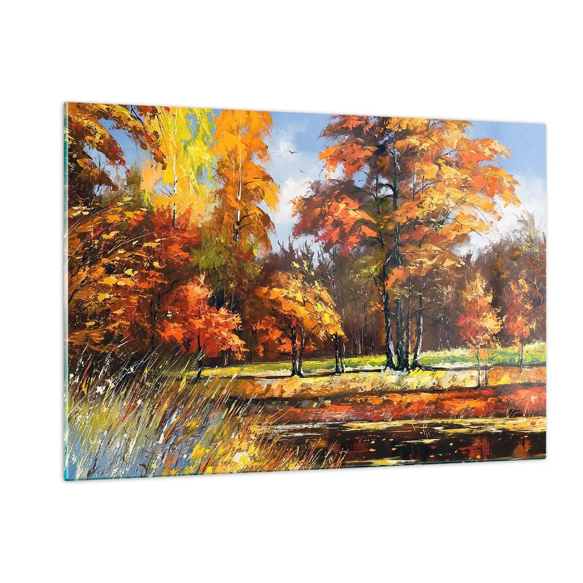 Quadro su vetro - Paesaggio autunnale con alberi e riflessi nell'acqua - 120x80cm - Paesaggio in oro e marrone - Decorazione murale moderna per soggiorno e camera da letto ARTTOR