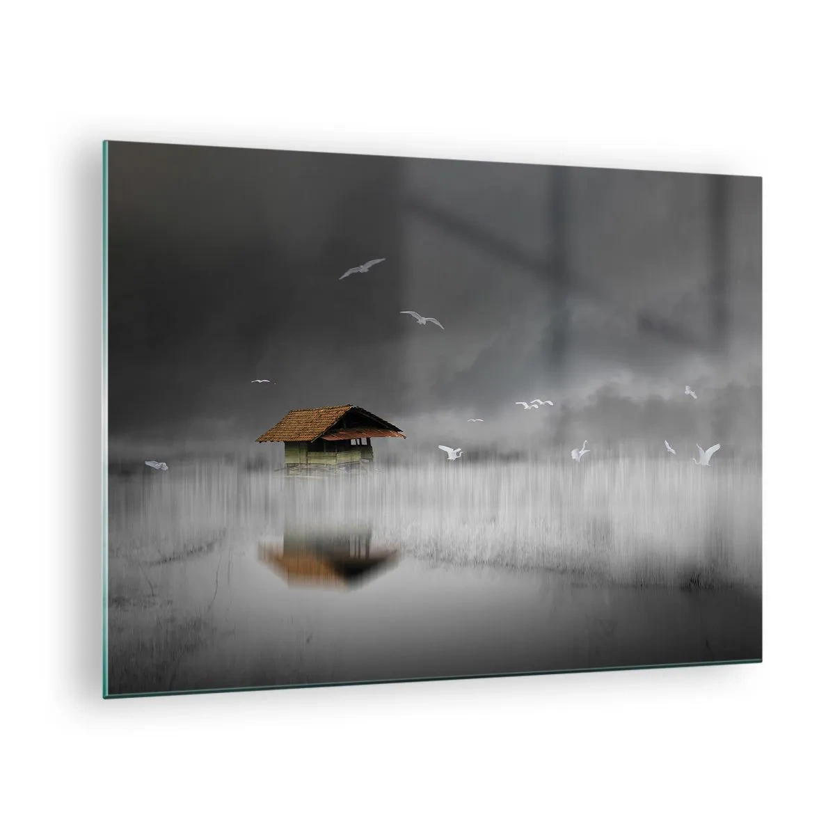 Quadro su vetro - Una casa sull'acqua nella nebbia con uccelli che volano - 70x50cm - Riparo dalla pioggia - Decorazione murale moderna per soggiorno e camera da letto ARTTOR