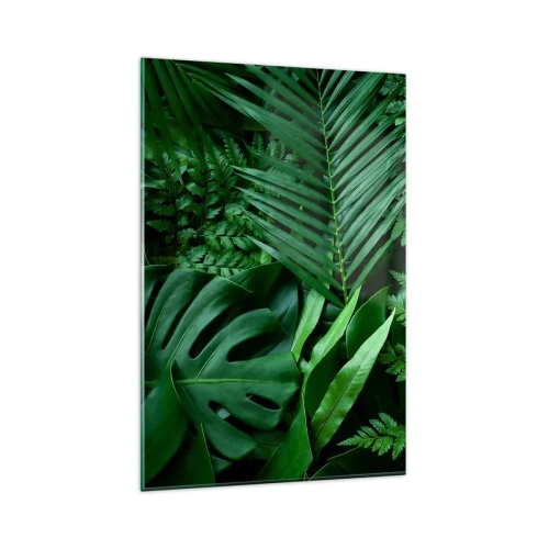 Quadro su vetro - Foglie tropicali verdi in una composizione densa e naturale - 80x120cm - Avvolti nel verde - Decorazione murale moderna per soggiorno e camera da letto ARTTOR