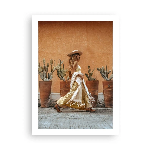 Poster - Donna elegante con cappello su uno sfondo di cactus - 50x70cm - In stile hippy - Decorazione murale moderna per soggiorno e camera da letto ARTTOR