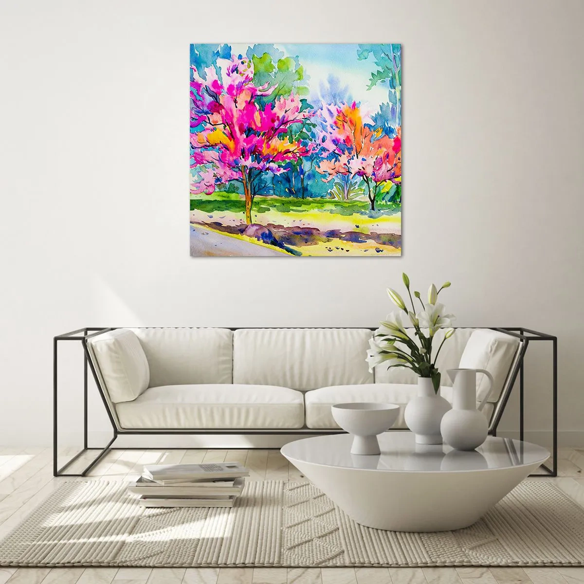 Quadro su vetro - Giardino multicolore nella luce della primavera - 40x40 cm