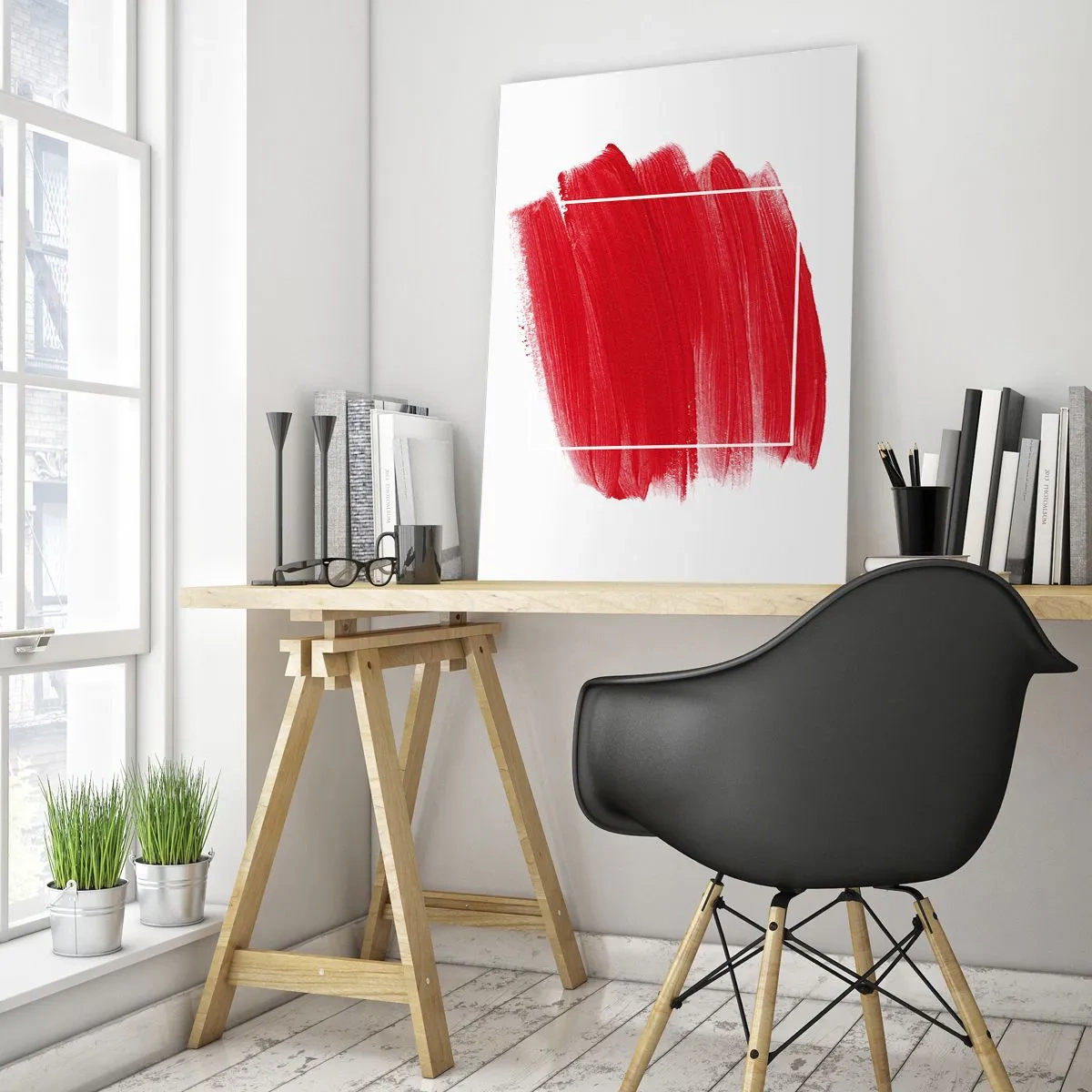 Quadro su vetro - Pennellata rossa con bordo bianco - 80x120cm - Fuori dagli schemi - Decorazione murale moderna per soggiorno e camera da letto ARTTOR