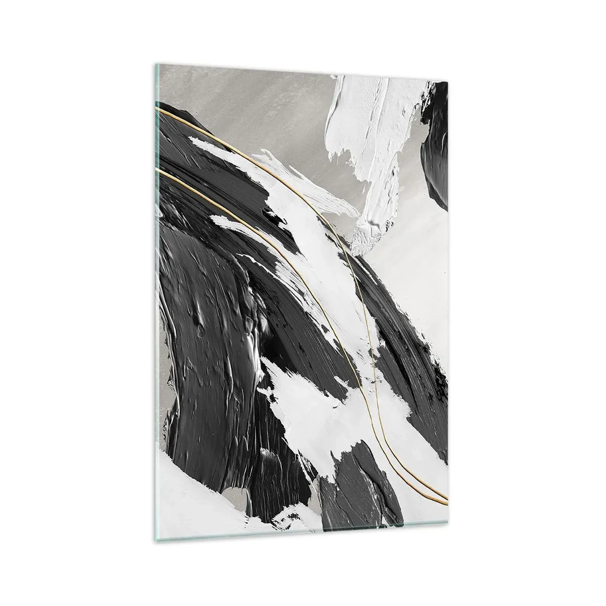 Quadro su vetro - Pennellate di vernice bianca e nera con un sottile accento dorato - 80x120cm - Astrazione con sfarzo - Decorazione murale moderna per soggiorno e camera da letto ARTTOR