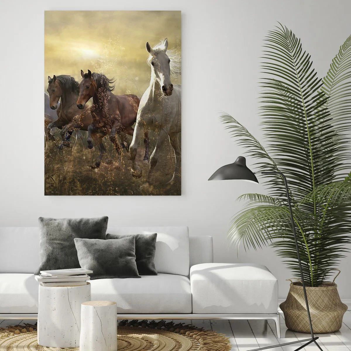 Quadro su vetro - Una mandria di cavalli al galoppo sotto i raggi del sole al tramonto - 50x70cm - Evviva la libertà! - Decorazione murale moderna per soggiorno e camera da letto ARTTOR