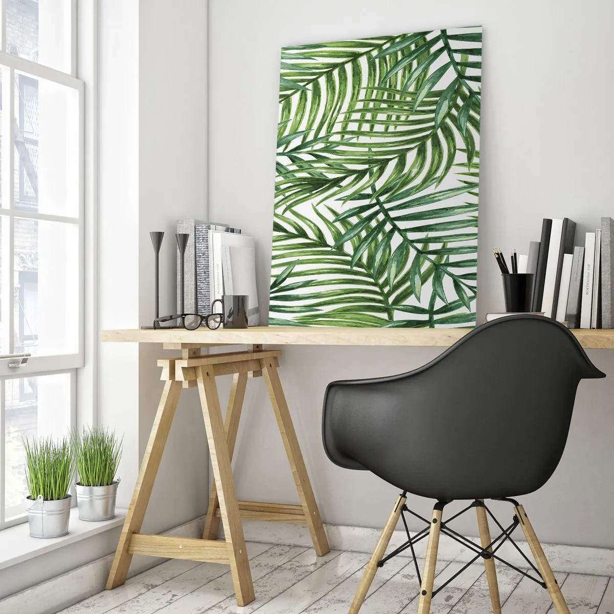 Quadro su vetro - Foglie di palma tropicali verdi su sfondo chiaro - 70x100cm - Sotto un baldacchino verde - Decorazione murale moderna per soggiorno e camera da letto ARTTOR