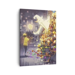 Quadro su tela - Stampe su Tela - Un personaggio delle fiabe e un bambino in una strada piena di luci e magia - 50x70cm - La magia esiste - Decorazione murale moderna per soggiorno e camera da letto ARTTOR