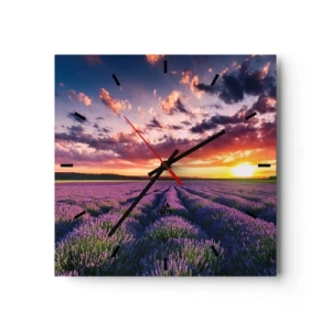 Orologio da parete - Orologio in Vetro - Un campo di lavanda al tramonto con un cielo colorato - 30x30cm - Il mondo della lavanda - Decorazione murale moderna per soggiorno e camera da letto ARTTOR