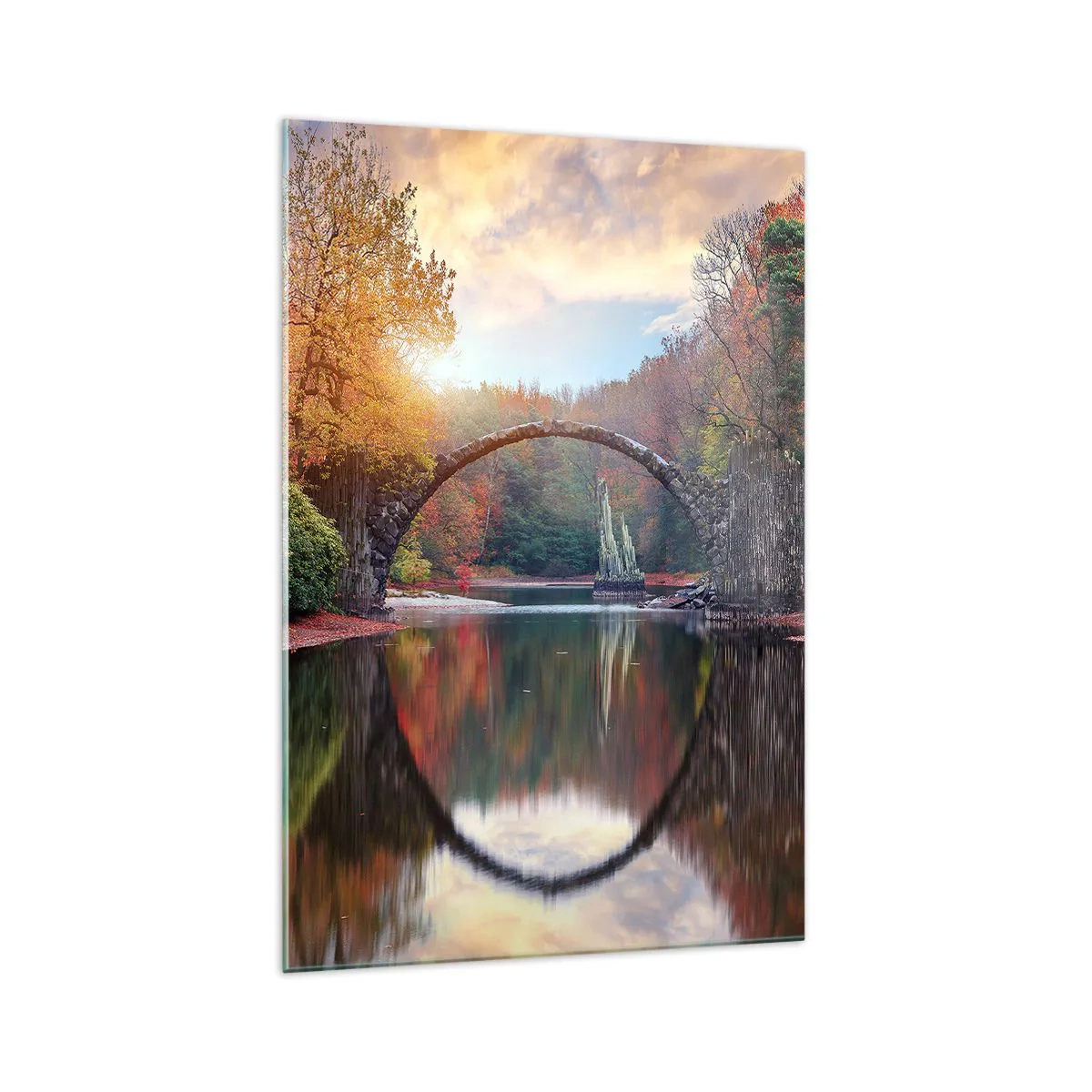 Quadro su vetro - Un ponte di pietra in uno scenario autunnale sopra acque calme - 70x100cm - Dall'altro lato dello specchio - Decorazione murale moderna per soggiorno e camera da letto ARTTOR