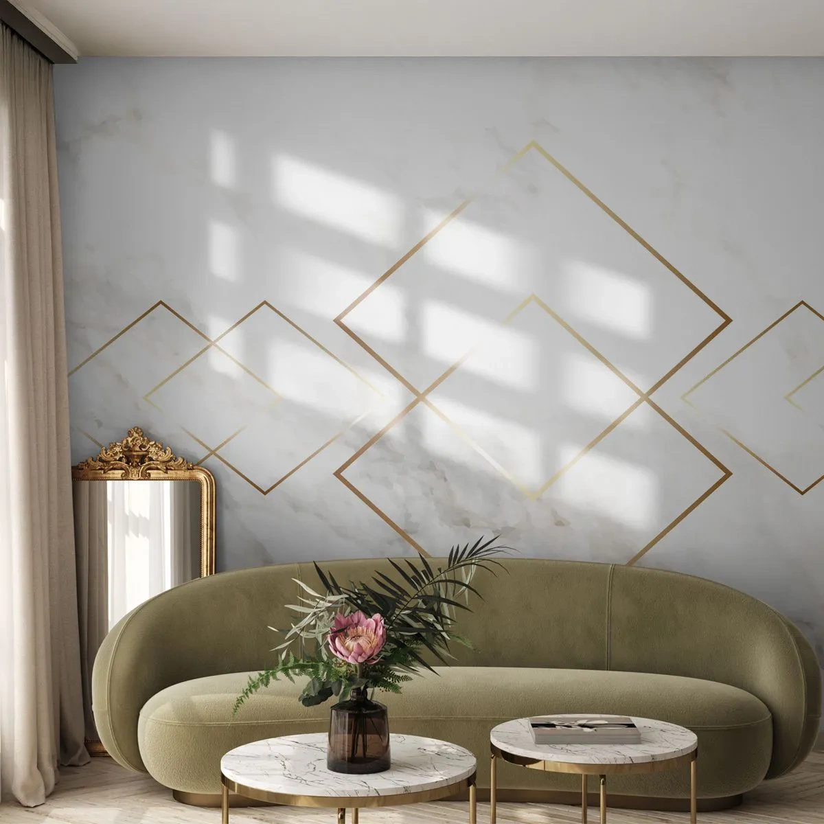Fotomurali Premium Sand - Sfondo in marmo bianco con motivi geometrici dorati - 100x70cm - Vista sull'infinito - Decorazione murale moderna per soggiorno e camera da letto ARTTOR