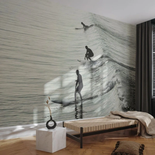 Fotomurali Standard Eco - Surfisti sulle onde in bianco e nero - 100x70cm - Onde all'incontro - Decorazione murale moderna per soggiorno e camera da letto ARTTOR