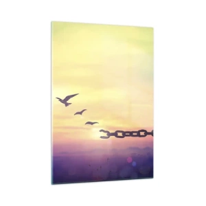 Quadro su vetro - Uccelli in volo sullo sfondo di una catena e di un tramonto - 50x70cm - La vittoria della libertà - Decorazione murale moderna per soggiorno e camera da letto ARTTOR