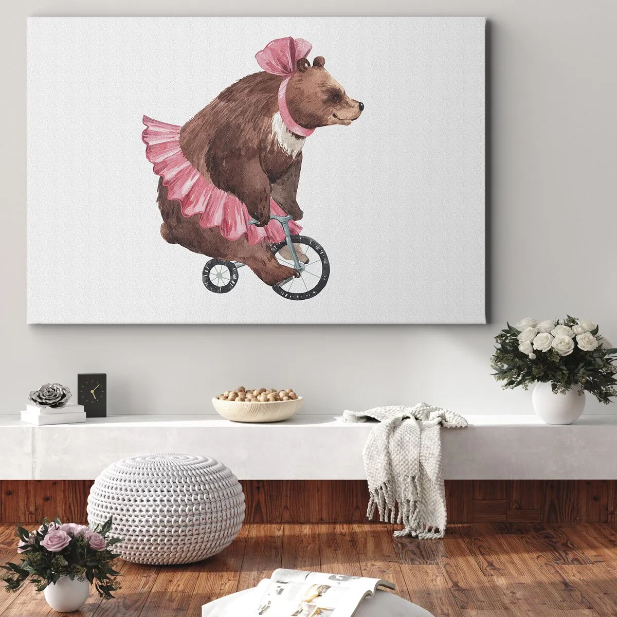 Quadro su tela - Stampe su Tela - Un orsacchiotto con una gonna rosa su una bicicletta in stile retrò - 100x70cm - Evviva il circo! - Decorazione murale moderna per soggiorno e camera da letto ARTTOR