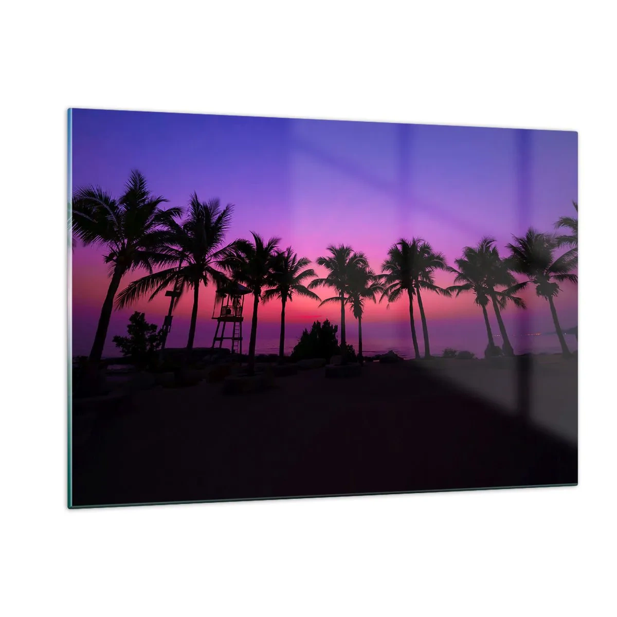 Quadro su vetro - Palme sullo sfondo di un tramonto viola-rosa - 120x80cm - Sera sotto le palme - Decorazione murale moderna per soggiorno e camera da letto ARTTOR