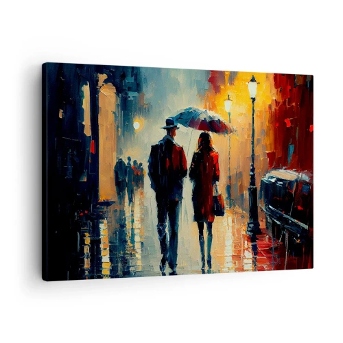Quadro su tela - Stampe su Tela - Camminare sotto la pioggia sotto un ombrello in città di notte - 70x50cm - Love story cittadina - Decorazione murale moderna per soggiorno e camera da letto ARTTOR