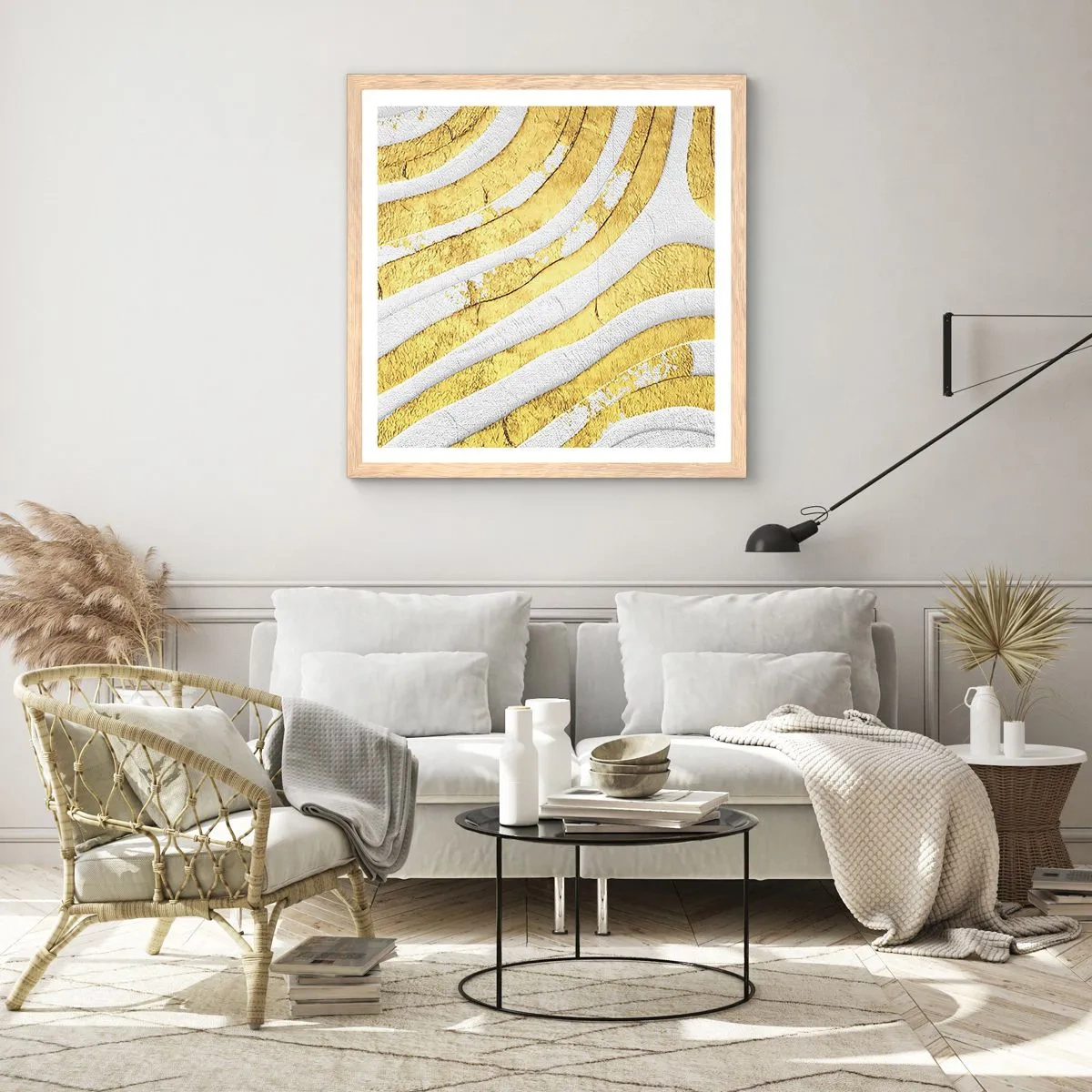 Poster in cornice rovere chiaro - Composizione in bianco e oro - 30x30 cm