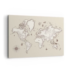 Quadro su tela - Stampe su Tela - Una mappa stilizzata del mondo nei toni del beige e del marrone. - 100x70cm - Il viaggio attorno al mondo - Decorazione murale moderna per soggiorno e camera da letto ARTTOR