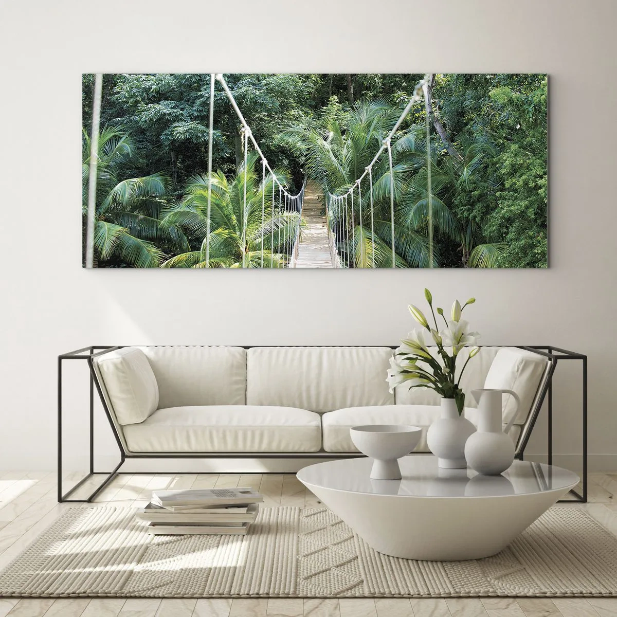 Quadro su vetro - Un ponte sospeso in una giungla tropicale piena di verde - 160x50cm - Welcome to the jungle! - Decorazione murale moderna per soggiorno e camera da letto ARTTOR