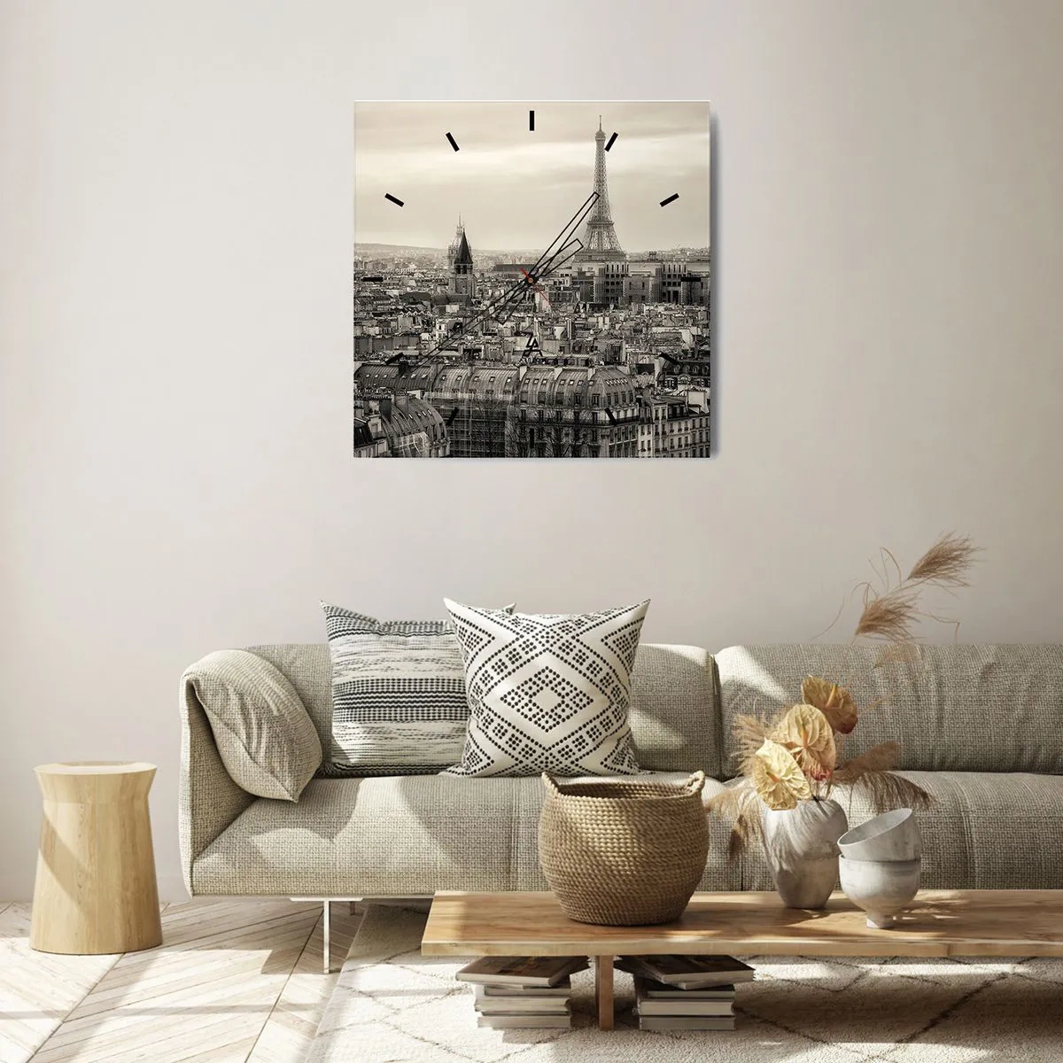 Orologio da parete - Orologio in Vetro - Panorama di Parigi con la Torre Eiffel in tonalità seppia - 30x30cm - Sui tetti di Parigi - Decorazione murale moderna per soggiorno e camera da letto ARTTOR