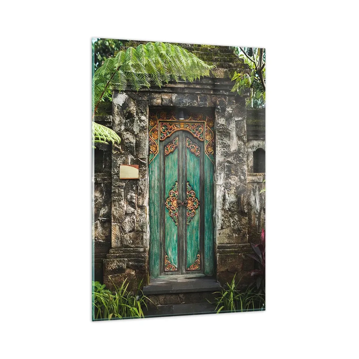 Quadro su vetro - Porte decorative circondate da vegetazione tropicale - 80x120cm - Le porte verso un mondo esotico - Decorazione murale moderna per soggiorno e camera da letto ARTTOR