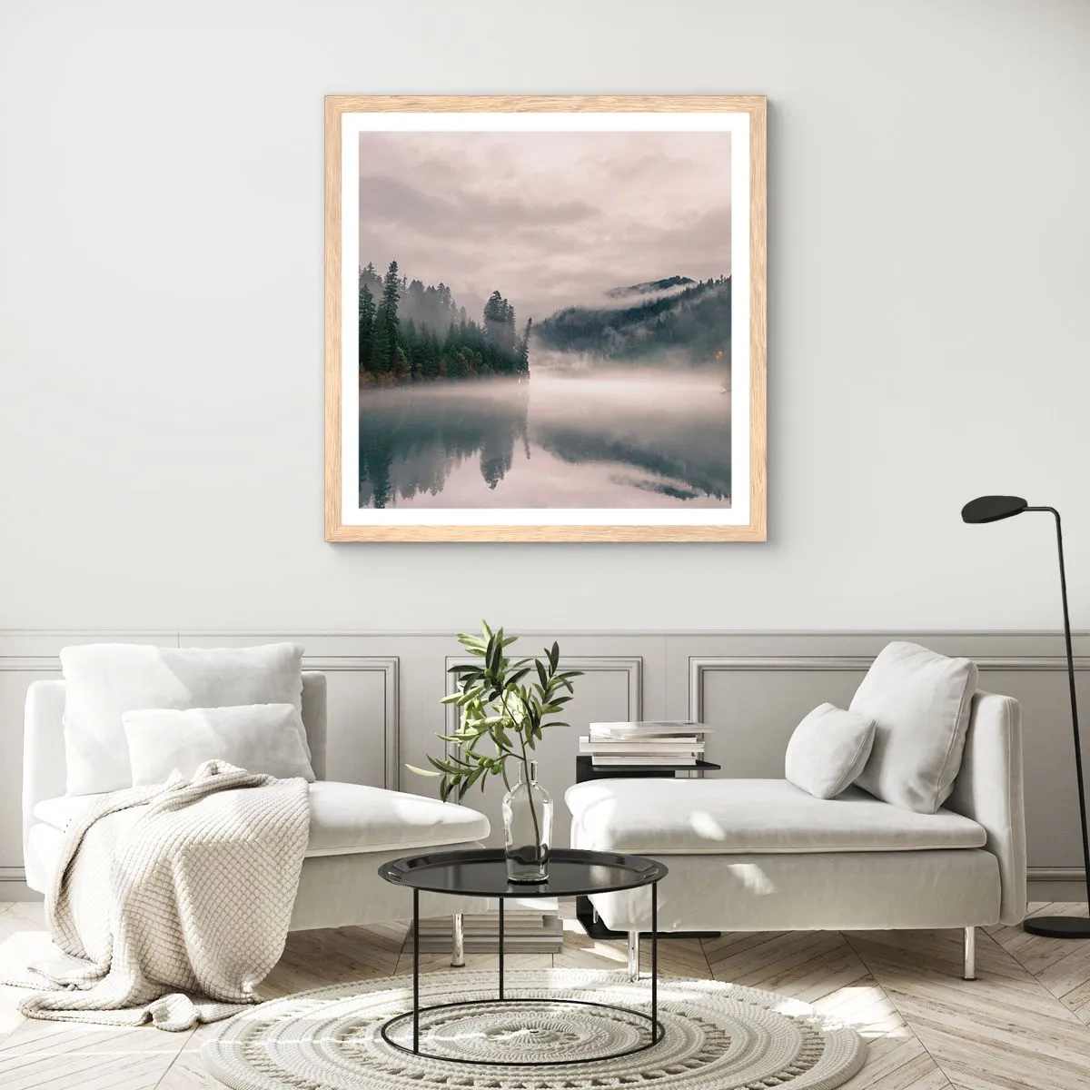Poster in cornice rovere chiaro - Riflettendo nella nebbia - 40x40 cm