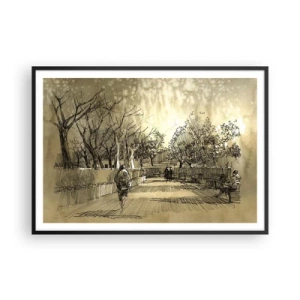Poster in cornice nera - Una scena di cartone animato di un parco con persone che camminano in toni caldi. - 100x70cm - Attimo fermato con la penna - Decorazione murale moderna per soggiorno e camera da letto ARTTOR