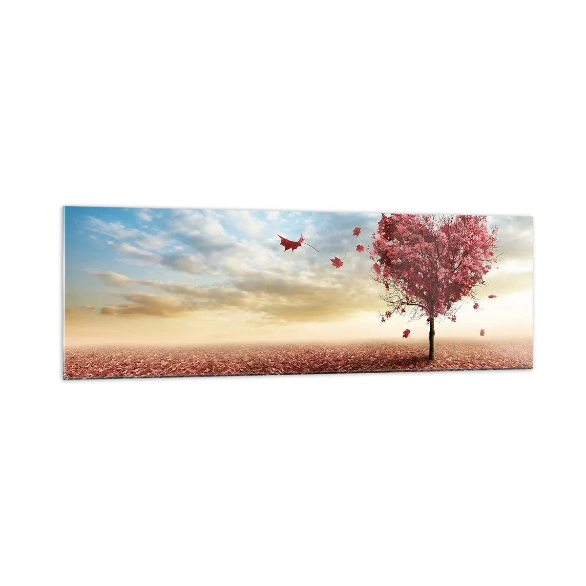 Quadro su vetro - Un albero solitario a forma di cuore in un campo di foglie rosse - 160x50cm - Ama questo autunno - Decorazione murale moderna per soggiorno e camera da letto ARTTOR