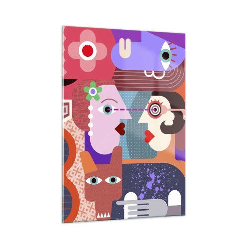 Quadro su vetro - Una composizione astratta di volti e forme dai colori intensi. - 50x70cm - Faccia a faccia - Decorazione murale moderna per soggiorno e camera da letto ARTTOR