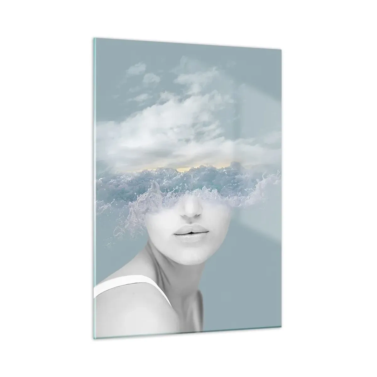 Quadro su vetro - Il volto di una donna si fonde con il cielo e le nuvole in una visione surreale. - 50x70cm - Con la testa tra le nuvole - Decorazione murale moderna per soggiorno e camera da letto ARTTOR