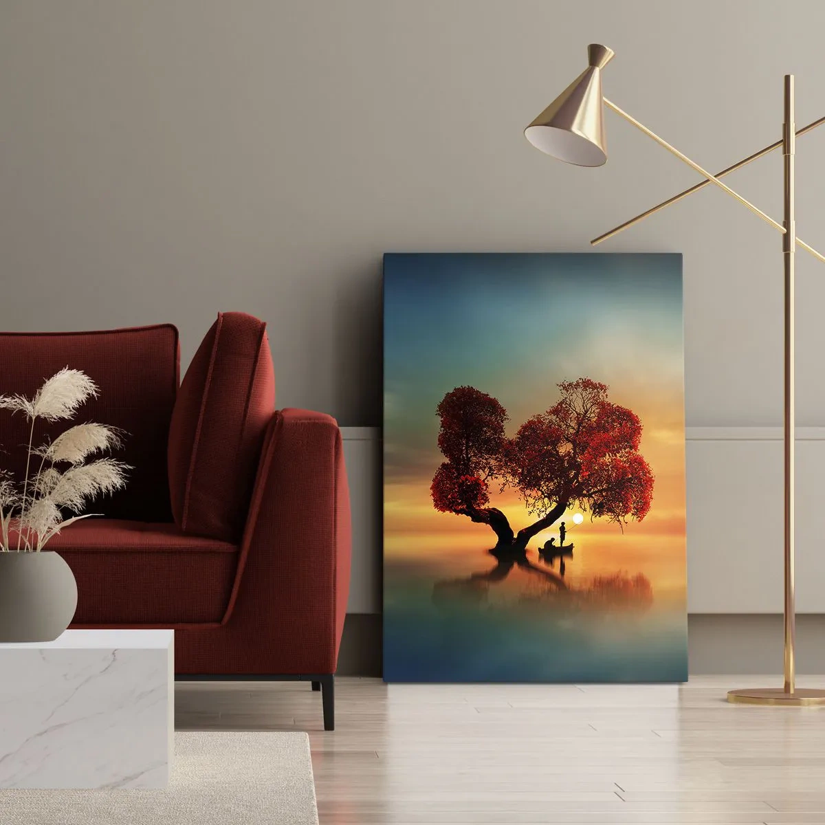 Quadro su tela - Stampe su Tela - Un albero dalle foglie rosse e una barca sull'acqua al tramonto - 50x70cm - Gli esiliati e il silenzio fuori dal mondo - Decorazione murale moderna per soggiorno e camera da letto ARTTOR