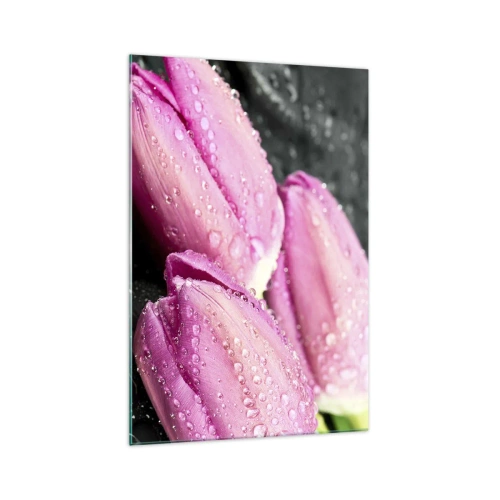 Quadro su vetro - Tre tulipani rosa con gocce d'acqua su sfondo nero - 70x100cm - Una terna lilla su pietra nera - Decorazione murale moderna per soggiorno e camera da letto ARTTOR