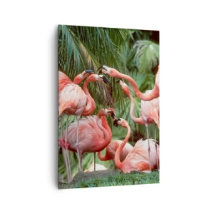Quadro su tela - Stampe su Tela - Un gruppo di fenicotteri in un ambiente tropicale circondato da palme - 70x100cm - Pettegolezzi pomeridiani - Decorazione murale moderna per soggiorno e camera da letto ARTTOR