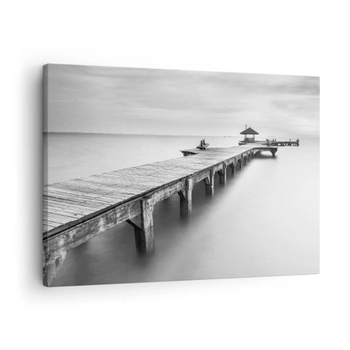 Quadro su tela - Stampe su Tela - Una vista in bianco e nero di un molo di legno su acque calme. - 70x50cm - Sempre più lontano. - Decorazione murale moderna per soggiorno e camera da letto ARTTOR